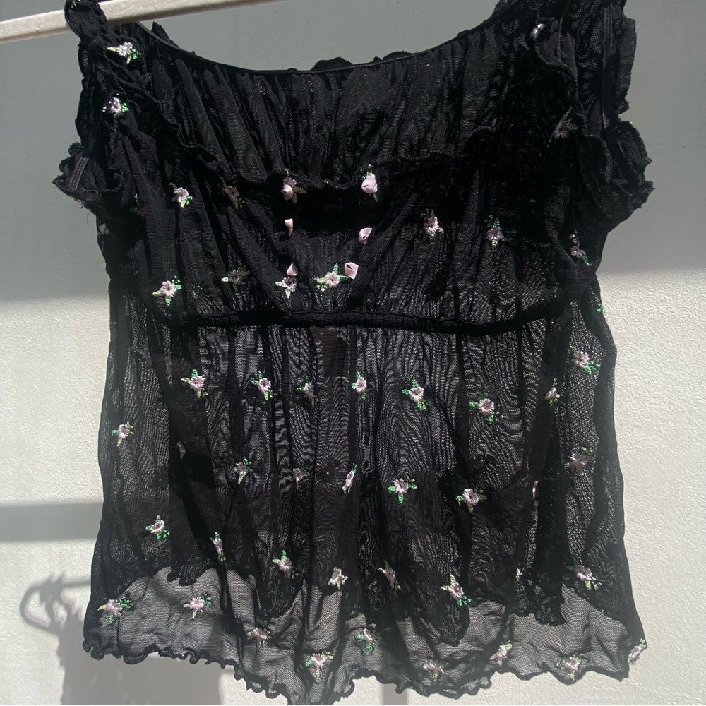 Y2K RARE Victoria’s Secret Black Floral Embroidered Babydoll Cami Top Size S - Picture 6 of 9
